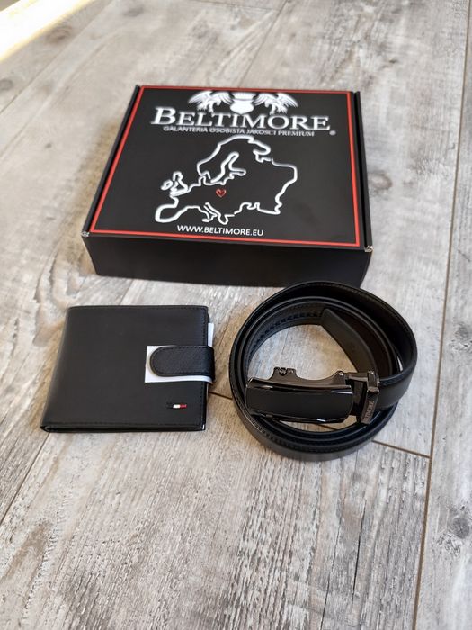 Zestaw nowy prezent męski skórzany pasek i portfel czarny pudełko 110