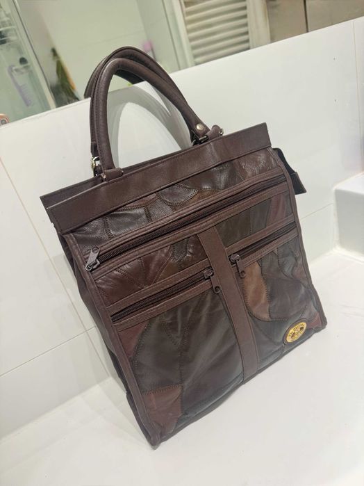 Skórzana torba patchwork vintage 90s shopper, naturalna skóra BRĄZOWA