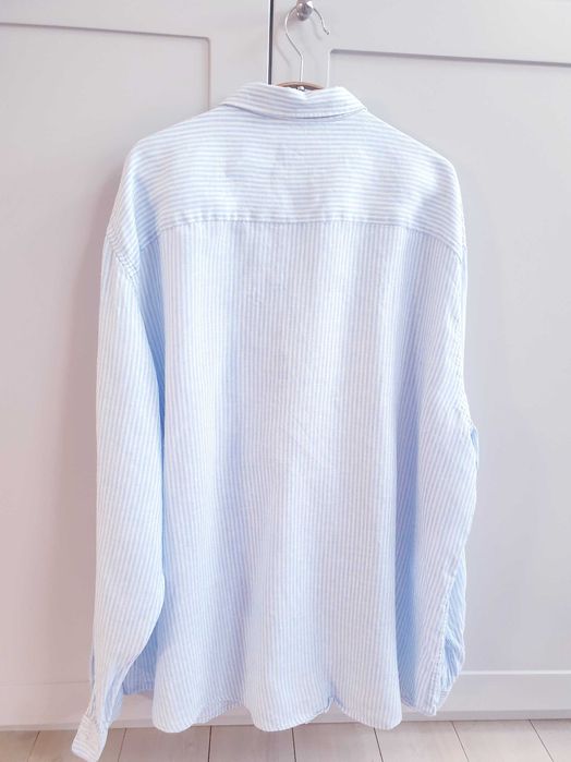 Biała koszula lniana w niebieskie paski H&M XL 2XL