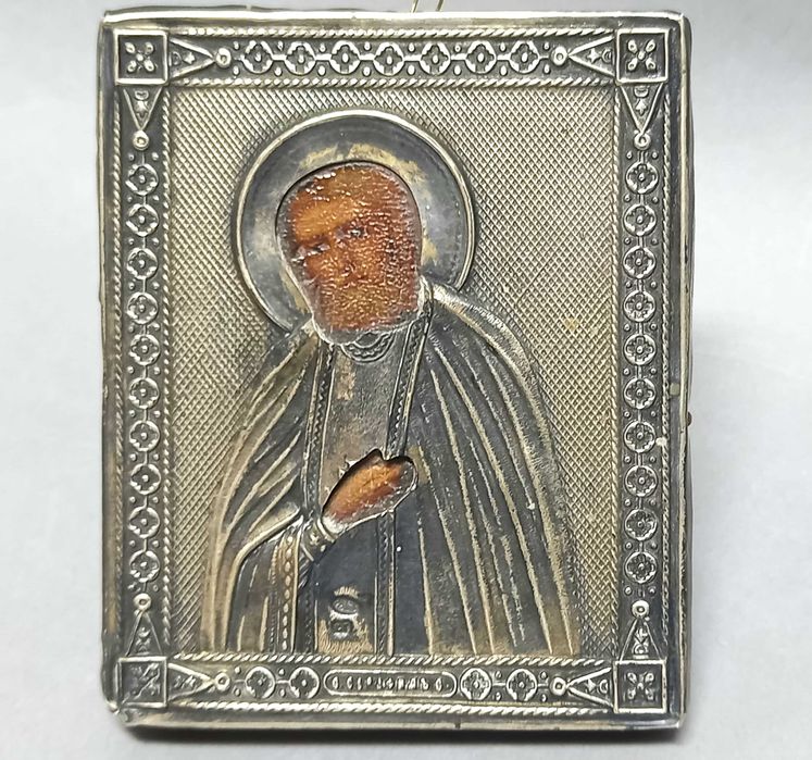 Ikona w srebrnej koszulce, druk na desce, srebro 84,  Św. Serafin