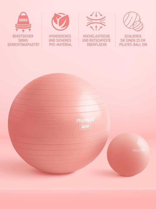 Piłka gimnastyczna 55cm + mała piłka do pilatesu + pompka, różowa