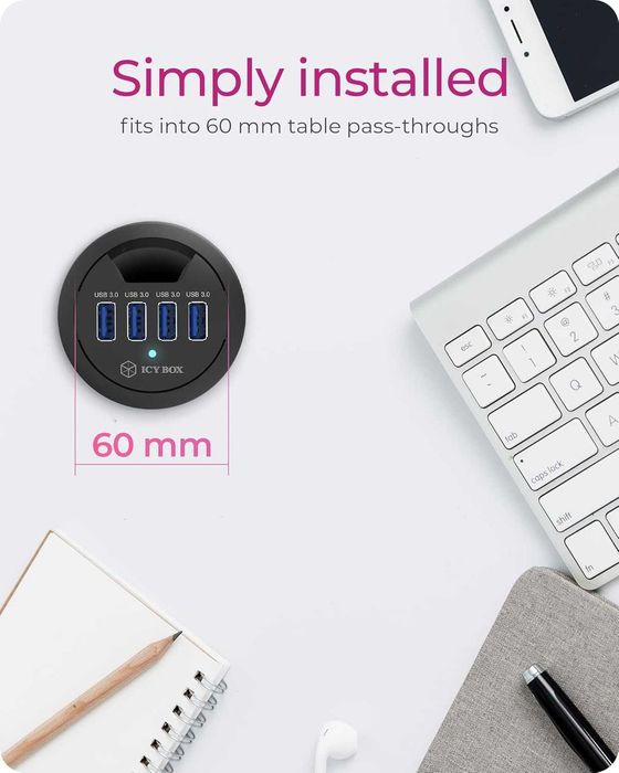 IcyBox Koncentrator biurkowy Hub 4xUSB 3.0 do biurka kabel 120 cm