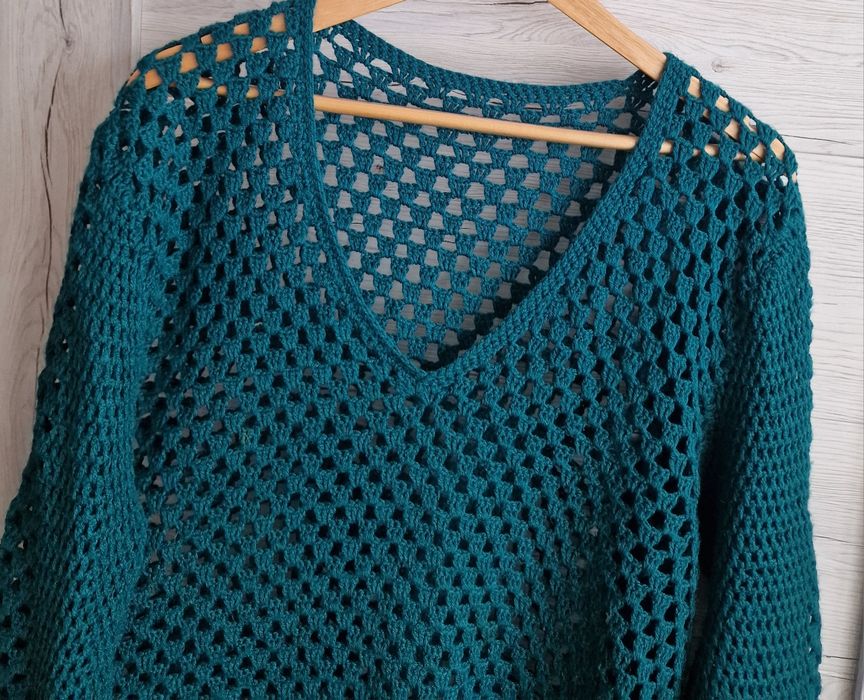 Sweterek szydełkowy szmaragdowy handmade XL L