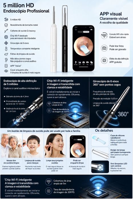 Câmara Endoscópica HD 5MP Wi-Fi com Câmara para Smartphone
