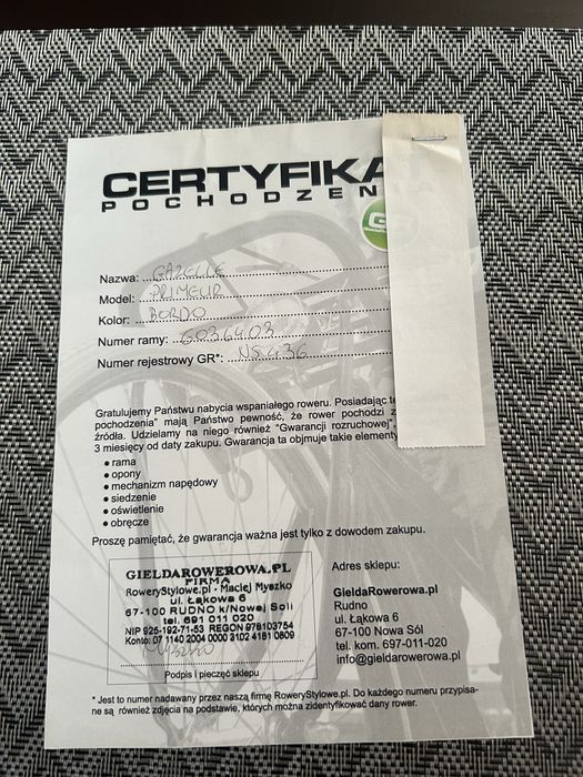 Rower damski Gazelle Primeur, Certyfikat
