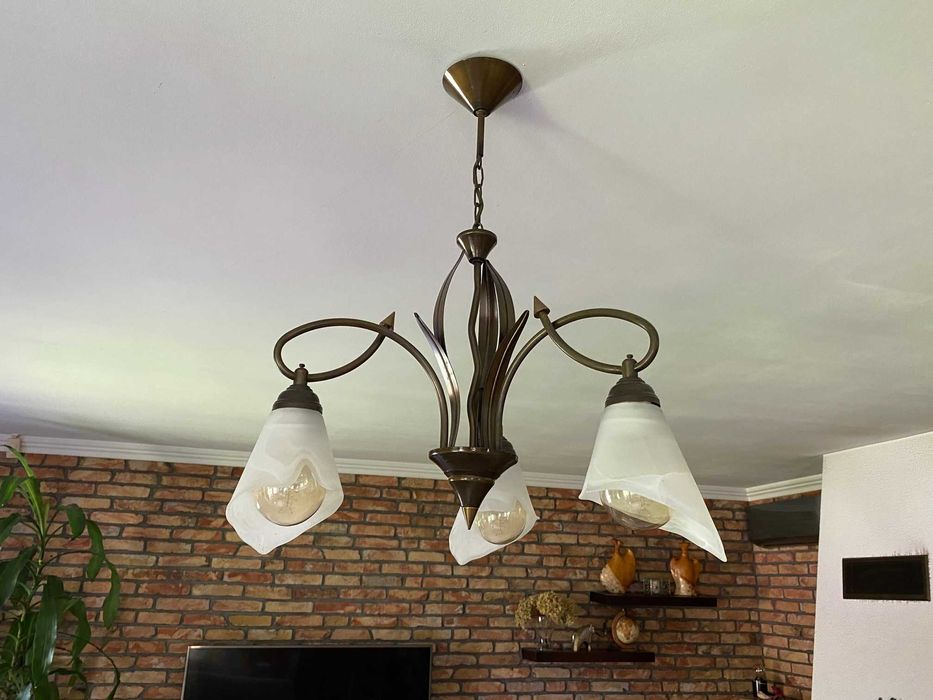 Żyrandol mosiężny, dwa obwody, 3x E27, takich już nie robią