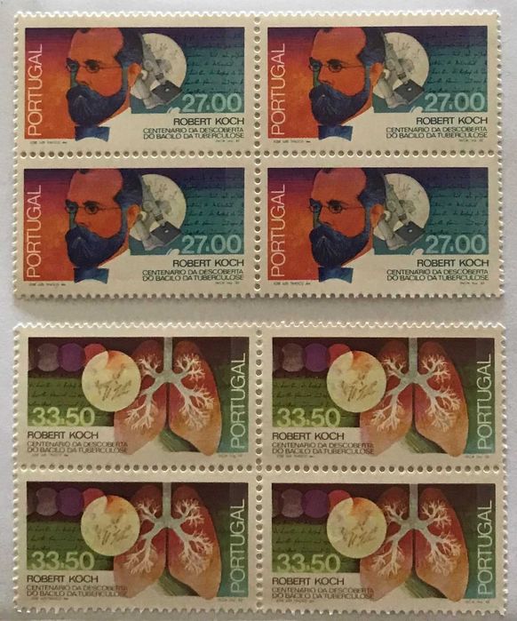 Série de 2 quadras de selos novos - 1. cent. Robert Koch - 1982