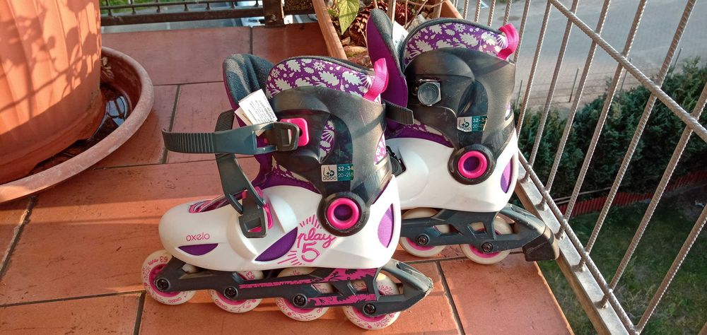 Rolki OXELO Play 5 biało-fioletowe 32 33 34 komplet ochraniaczy GRATIS