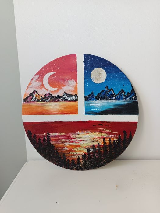 Obraz jezioro zachód słońca hadmade akwarele