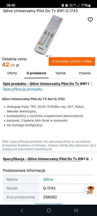Pilot uniwersalny do tv dekodera dvd