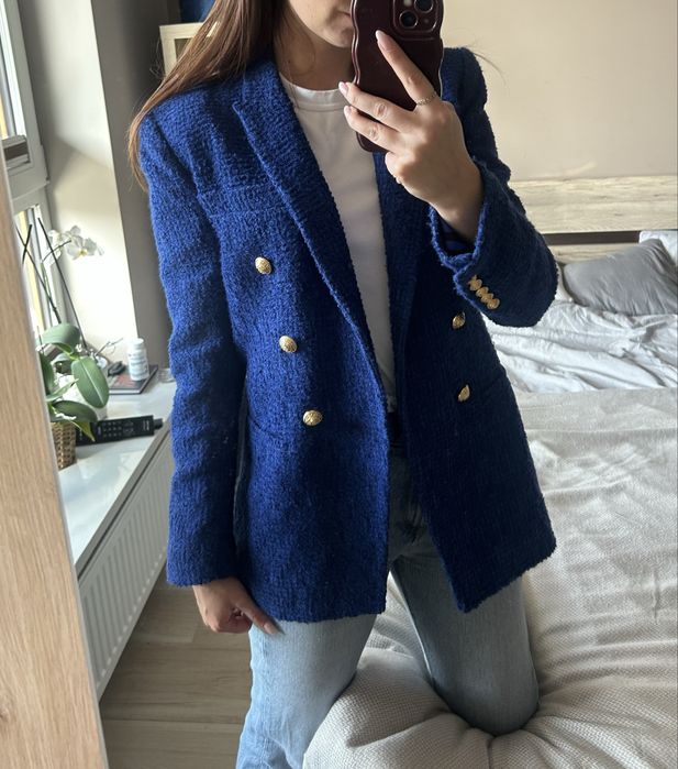 Tweedowa boucle marynarka dwurzędowa zara kobalt 34 XS