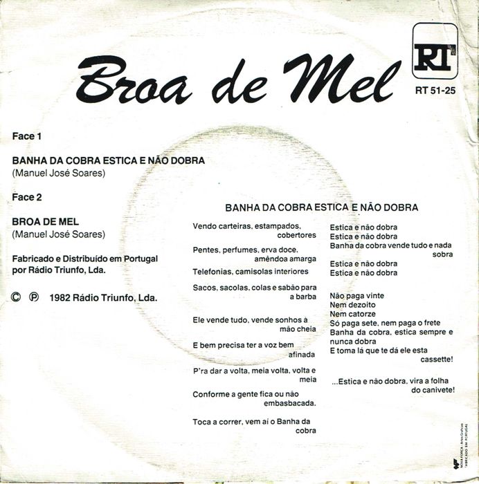 Broa De Mel – Banha Da Cobra Estica E Não Dobra - 1982 RT EP 45 rpm -