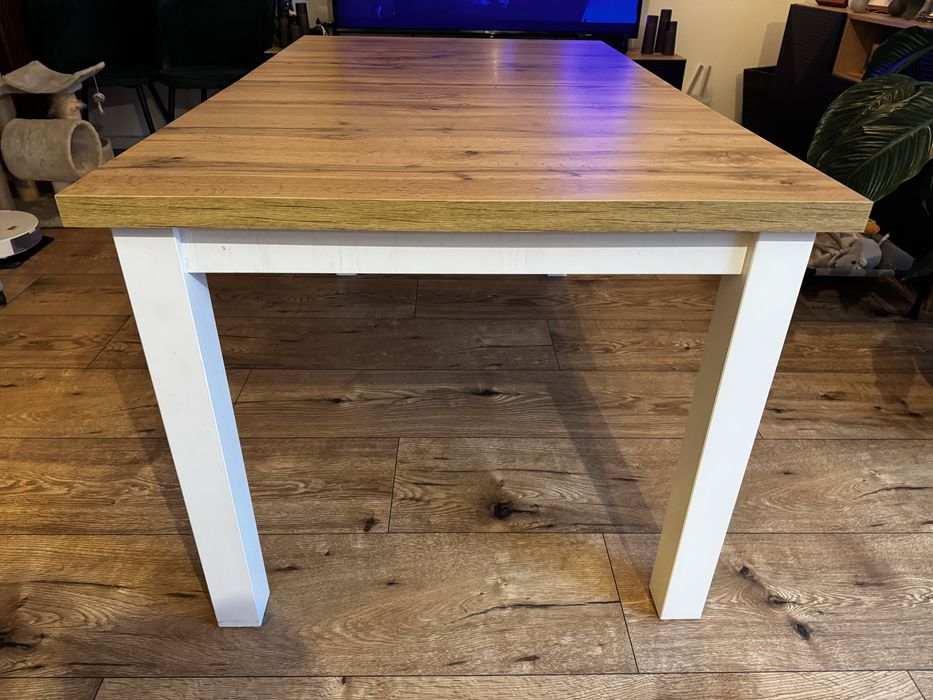 Stół jysk markskel 90x150/193 bialy/  dąb naturalny z krzesłami ejby 7x używane