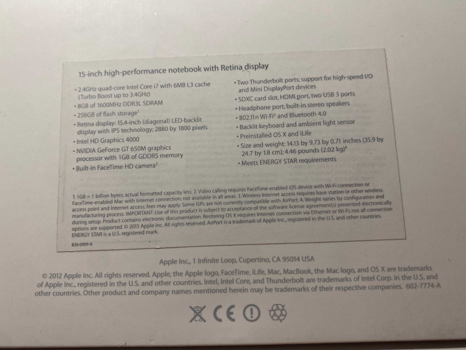 MacBook Pro 15'' A1398 Intel i7 2.4 GHz / 256GB SSD / 8 GB RAM