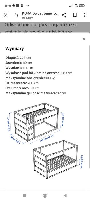 Dwustronne łóżko z materacem  biały/sosna z IKEA 90x200 cm