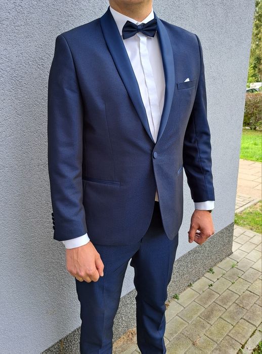 Garnitur ślubny marynarka smokingowa spodnie dla wysokiego pana granat