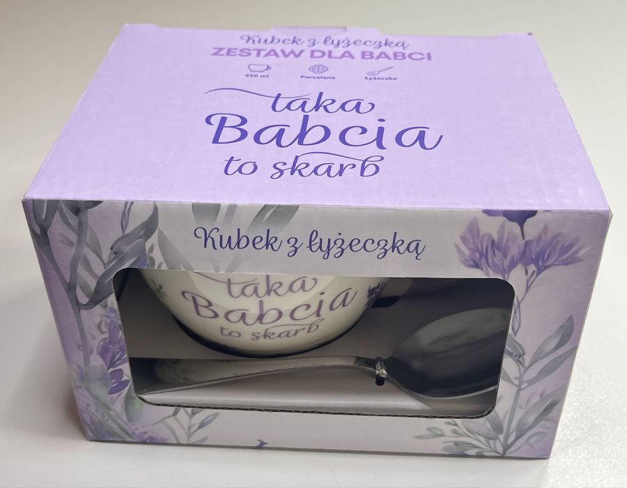 Elegancki kubek z łyżeczką dla babci wzór kwiatowy filiżanka