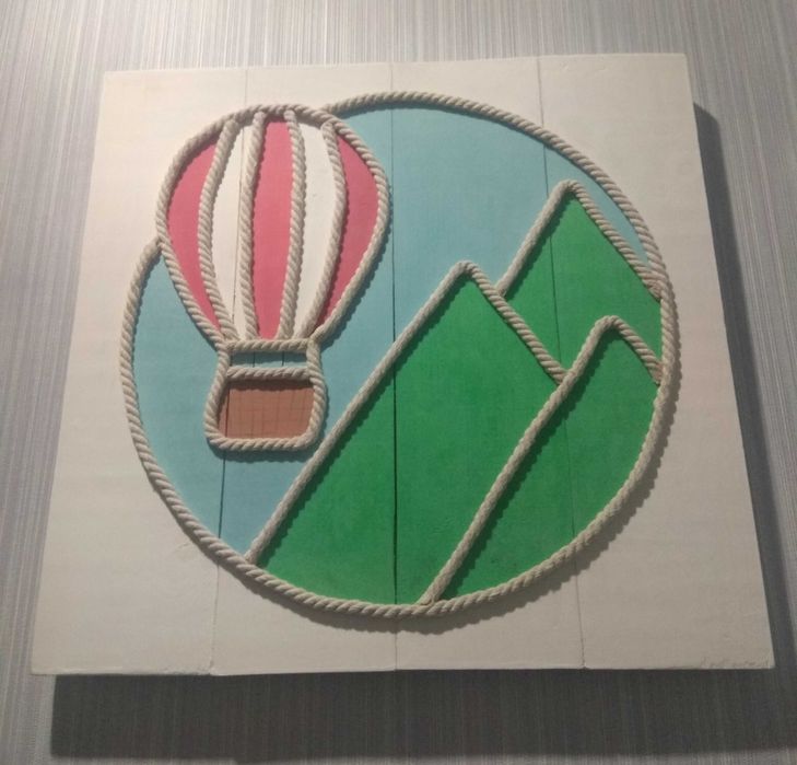 Картина з дерева та джуту "Повітряна куля" | woodlikelove