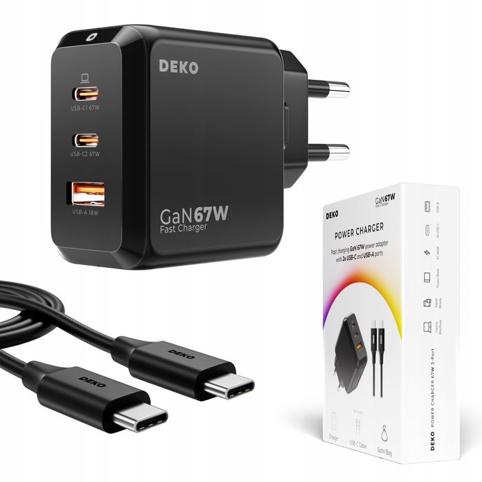 Ładowarka USB C DEKO 67W 3xUSB do telefonu, laptopa, tabletu