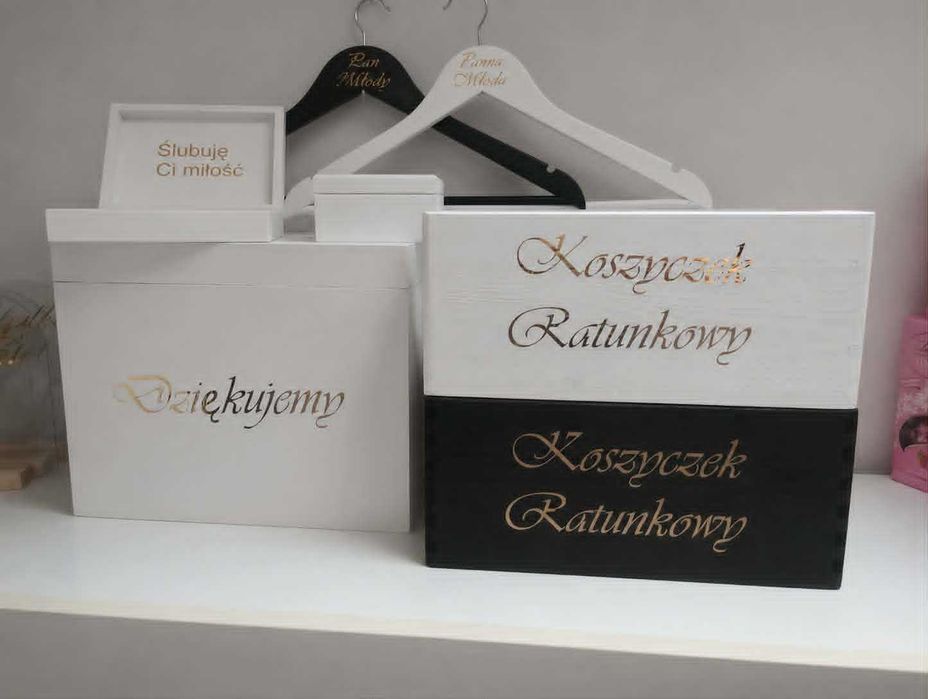Zestaw ślubny - skrzynka na koperty, koszyczki ratunkowe, wieszaki, pudełko na obrączki