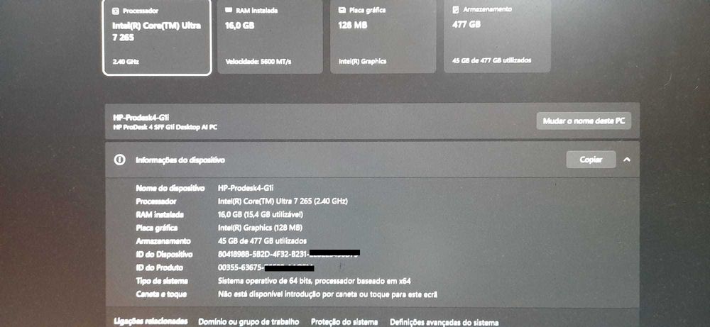 Pc / Desktop HP ProDesk 4 SFF G1i | Intel C.Ultra 7 265 | 16G-DDr5 | NVMe512G | WiFi | W11
