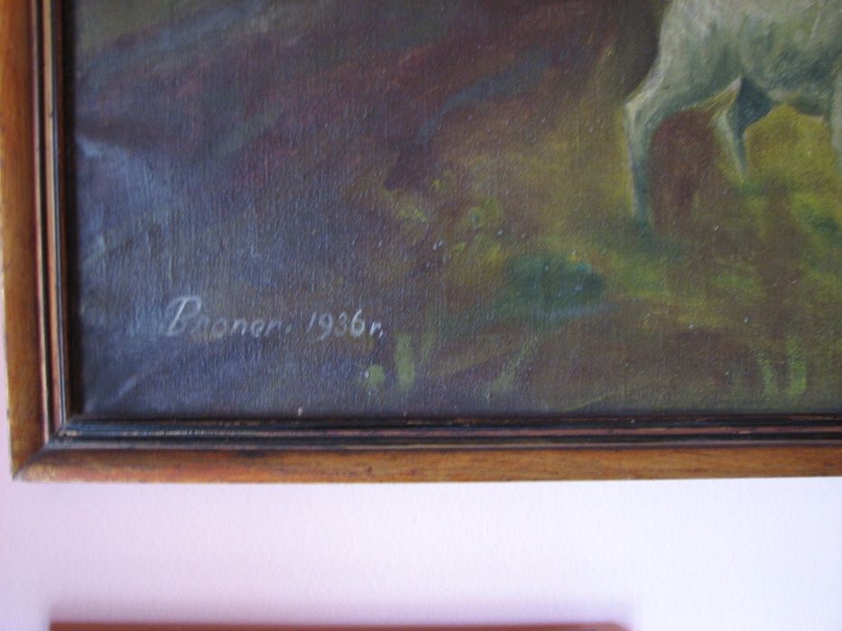 Obraz olejny przedwojenny duży, sygnowany, Broner 1936, antyk