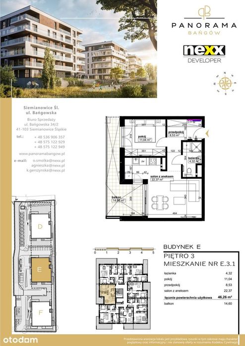 2-pokojowe mieszkanie 46m2 + balkon