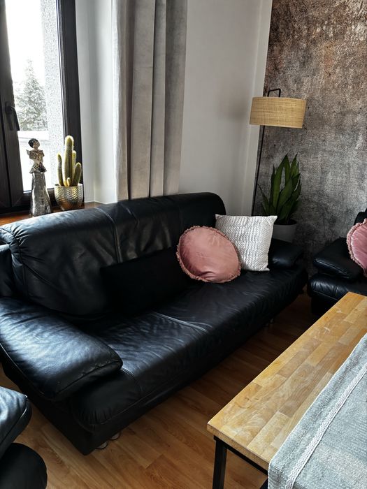 Zestaw wypoczynkowy 3-częśc czarny, kanapa, sofa, skóra naturalna