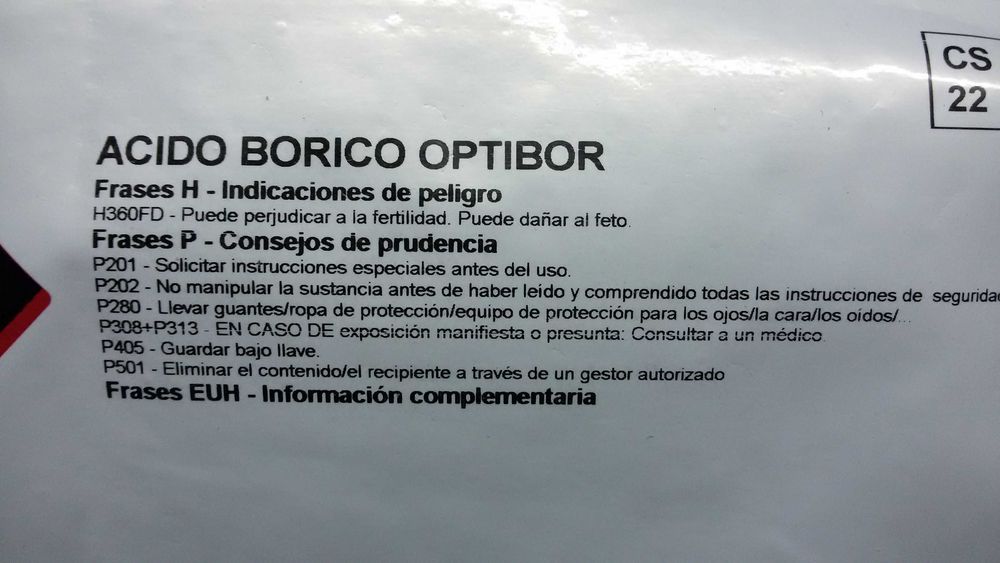 Ácido bórico, H3Bo3, Pureza 99%, Ph5,1 .