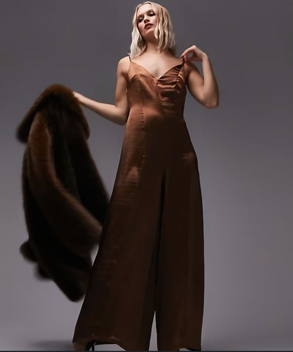 OKAZJA piękny taliowany Kombinezon satynowy spodnie sukienka 36 s m 38