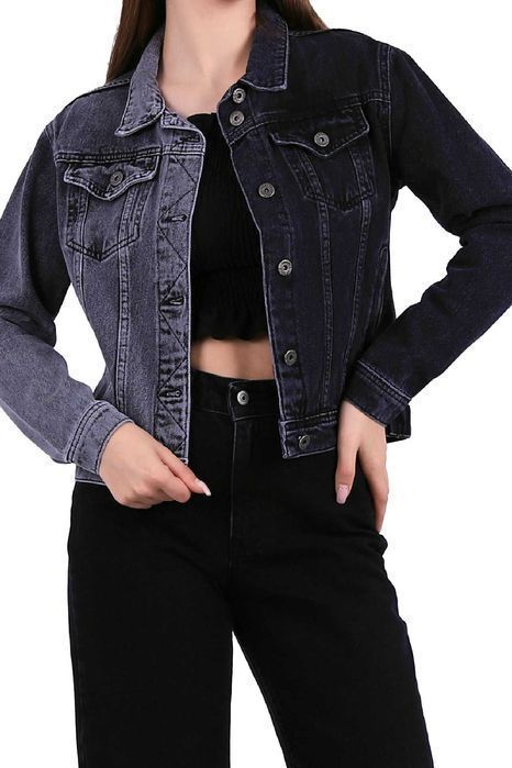 Dwukolorowa krótka kurtka jeansowa - szaro-czarny S