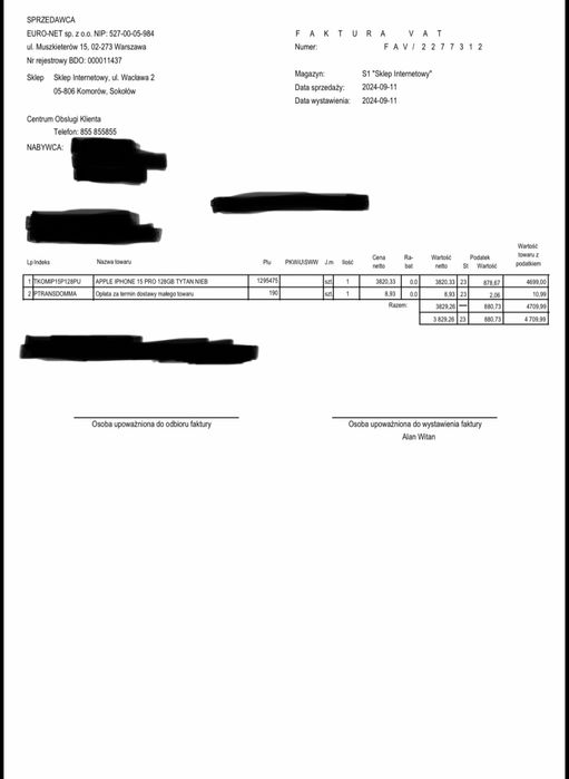 Smartfon iPhone 15 PRO 128GB jak nowy cały komplet FAKTURA