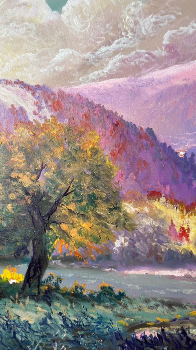 Картина масло холст Андрусяк пейзаж "Карпати при заході сонця" гори