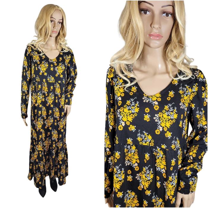Nowa czarna długa sukienka wzór żółte kwiatki maxi 36,S/38,M BonPrix