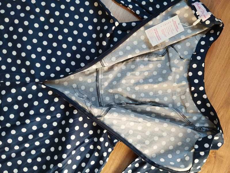 Granatowa Retro sukienka w grochy S z rękawem 3/4 vintage pin up