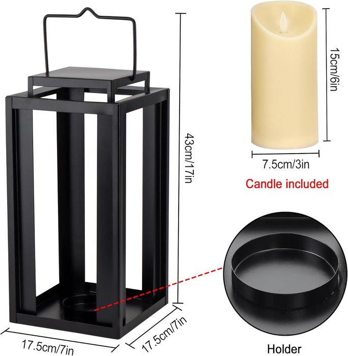 Latarnia ogrodowa lampion duża 43cm ze świecą LED czarna metalowa time