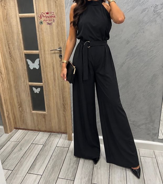 Elegancki kombinezon czarny szwedy stylowy wesele bal sylwester