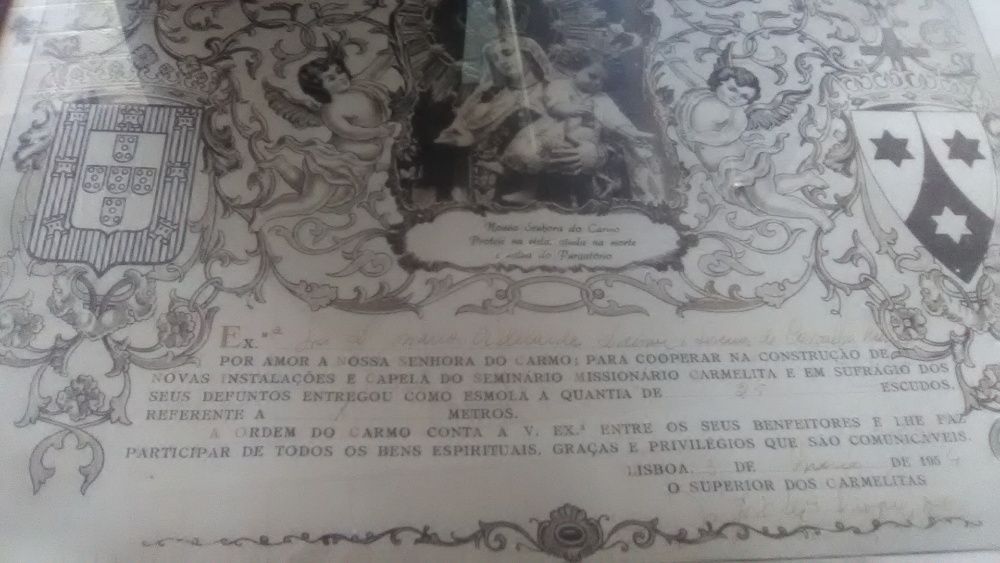 Antiguidade Quadro com Certificado Donativo Carmelitas