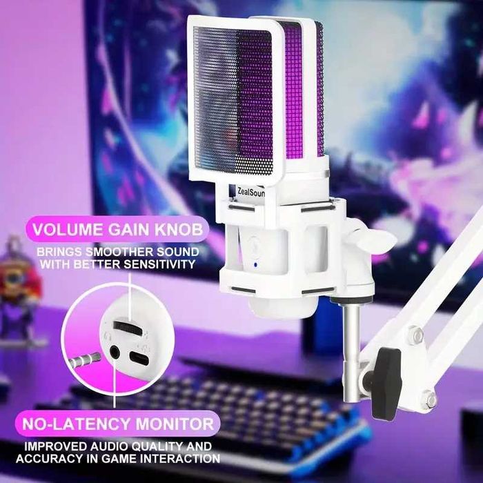Геймінговий мікрофон ZealSound RGB з кронштейном для стрімів (кардіоїда, USB, моніторинг)