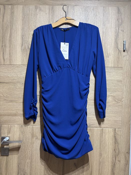 S 36 Zara błękitna chabrowa sukienka dekolt V długi rękaw Sylwester