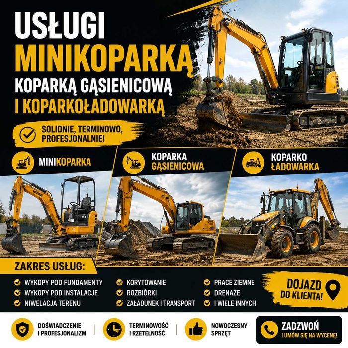 Wynajem koparek | Minikoparki | Koparko-ładowarki | Usługi ziemne | Wykopy | Operator | Wywrotki | Ładowarki | Cała Polska