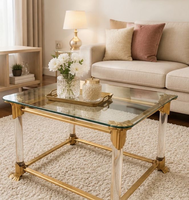Mesa de Apoio Clássica em Vidro e Dourado – Estilo Hollywood Regency