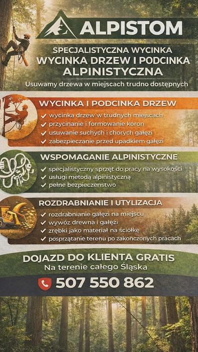 Wycinka podcinka drzew,metodą alpinistyczną oraz ze zwyżki, rębakiem- cały Śląsk