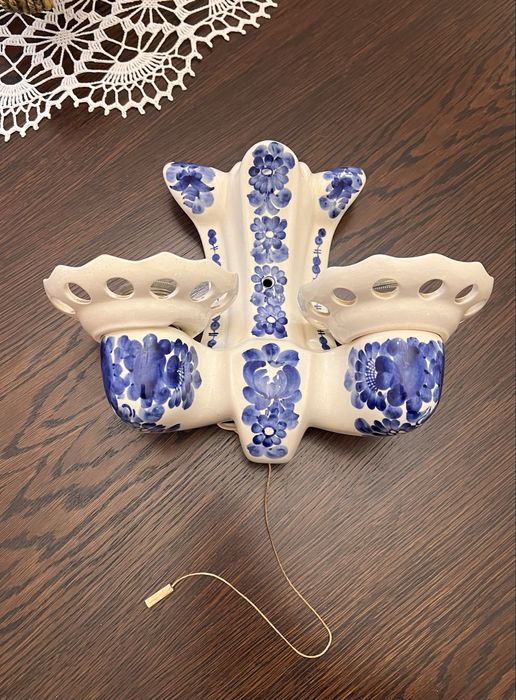 Kinkiet podwójny Włocławek – ręcznie malowany, sygnowany, PRL, unikat