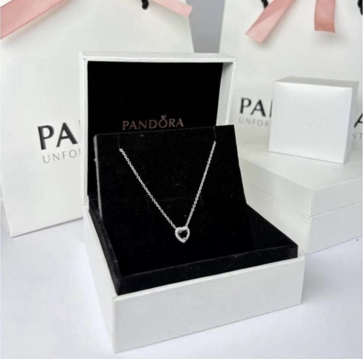 Жіноче срібне намисто ланцюжок з кулоном біле рожеве чер серце pandora