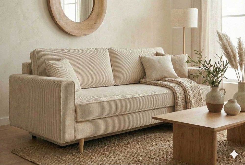 sztruksowa kanapa z funkcją spania w stylu skandynawskim