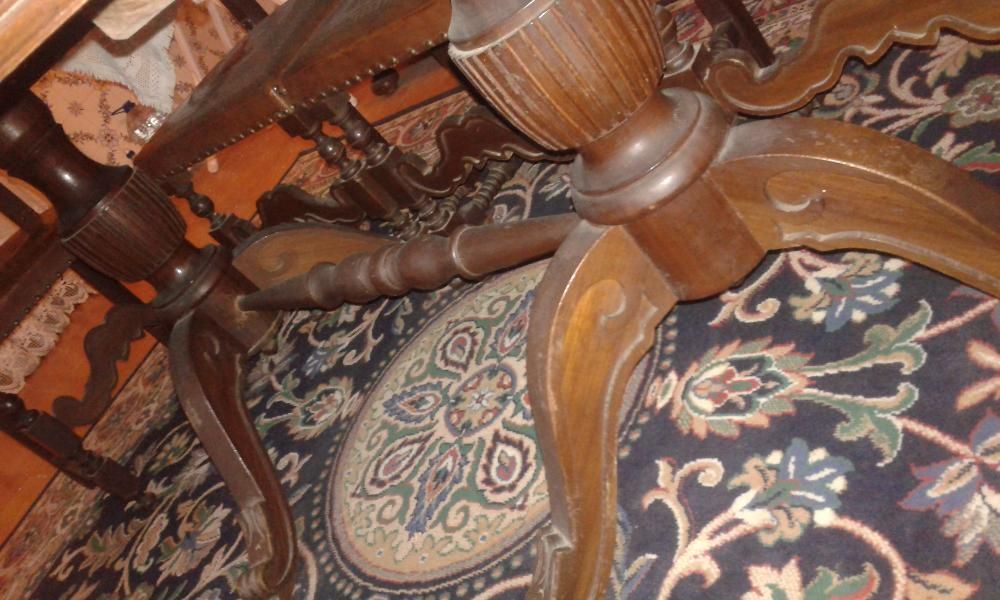 Mesa oval com 2 Pés de Galo e 8 Cadeiras em pele - madeira maciça