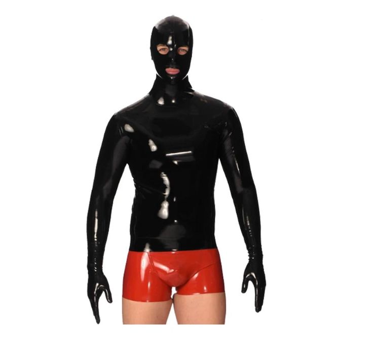 763/ Koszula top latex lateks 0.4mm maska rękawice zamek tył czarny XL