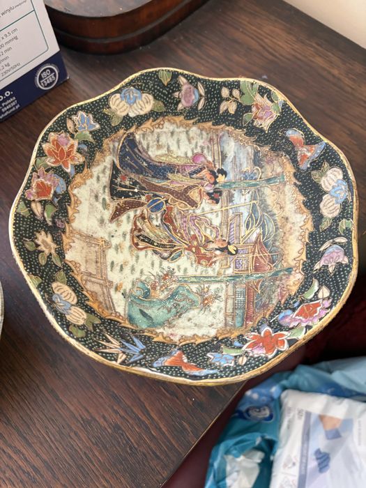 Misa ceramiczna vintage z pawiem, ręcznie zdobiona, retro
