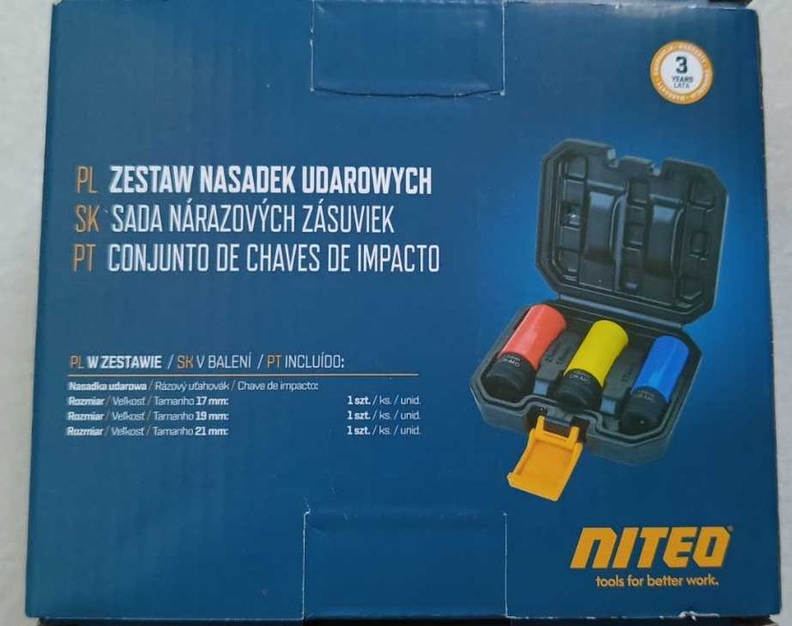 NITEO zestaw nasadek udarowych, 3 sztuki, rozmiar 17, 19, 21 mm, NOWY